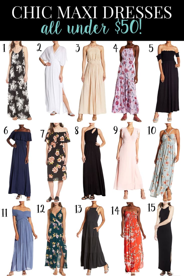 Chic Maxi Dresses under $50 - So many favorites - love the off the shoulder!
