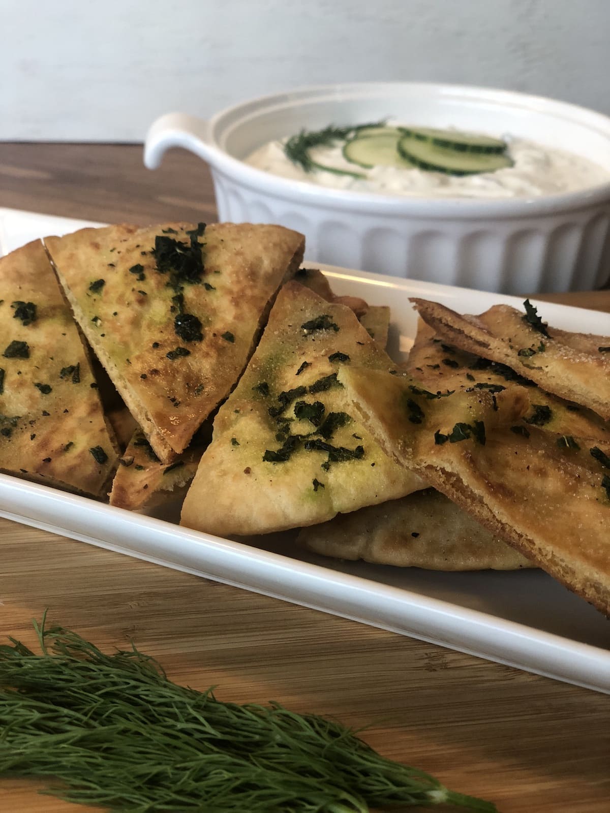 Greek Inspired Appetizers - Tzatziki and Basil Pita Chips